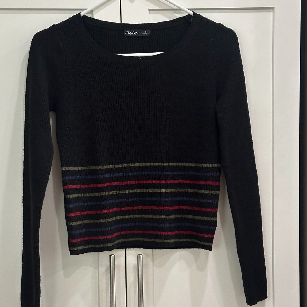 Aster Women's Long Sleeve Sweater, Black with Strips, S, Scoop Neck, Pullover
